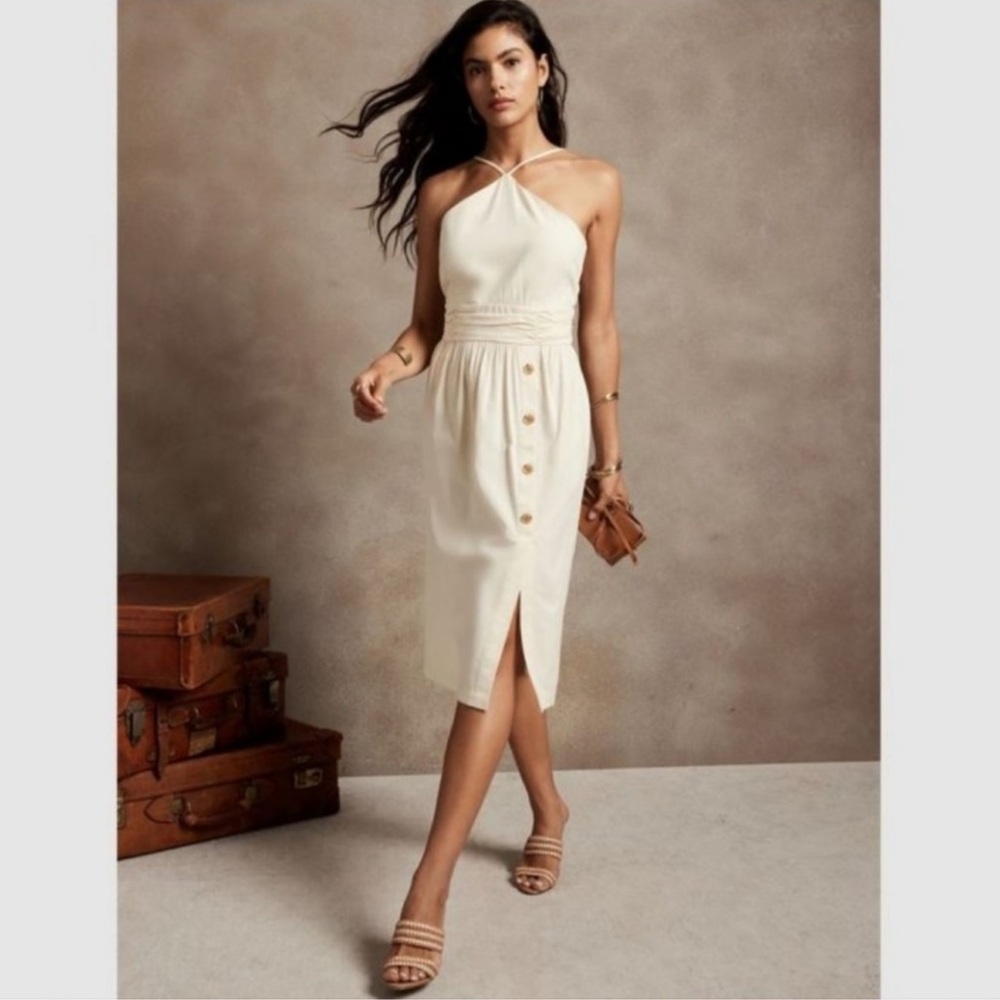 NWT Banana Republic Cream Halter Midi Dress with Button Detail